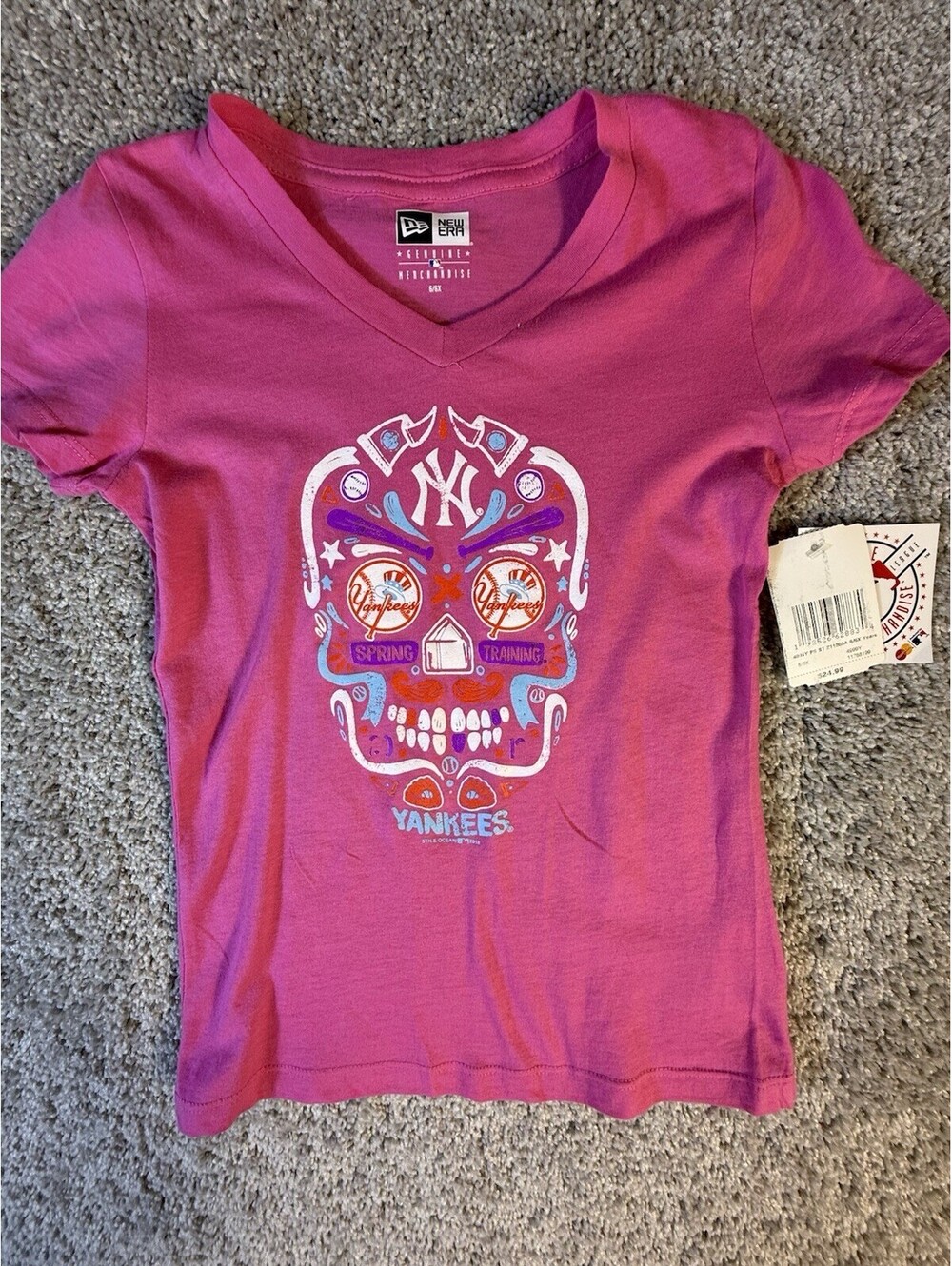NWT New York Yankees Pink Skull Dia De Los Muertos Cotton T-Shirt Girls 6X